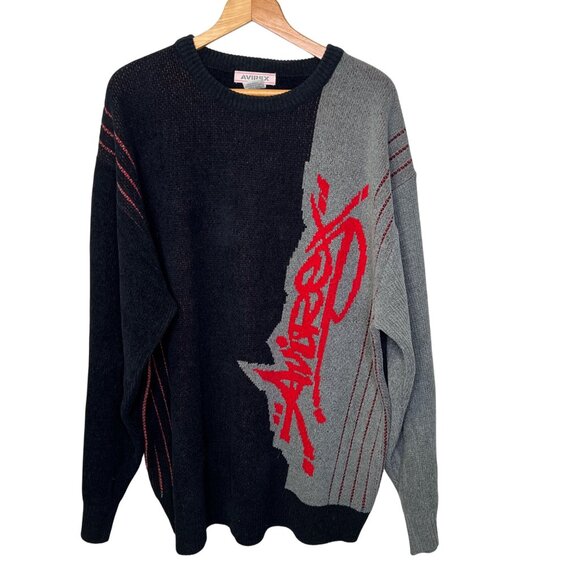 VTG Avirex Crewneck Sweater Mens Big Logo 90’s Y2K Streetwear Black Gray Sz 2XL - Picture 1 of 10